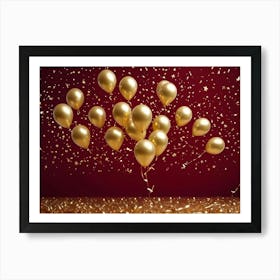 Shiny Gold Balloons Float Against A Dark Red Background With A Shower Of Gold Stars And Confetti Art Print