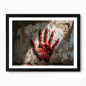 Creepy Textured Bloody Handprint Smudged On An Old Worn Wall Contrasting Against The Peeling Pale (4) Art Print