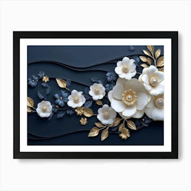 3d White And Blue Background With Golden Jewelry And Flowers In Black Design Art Print