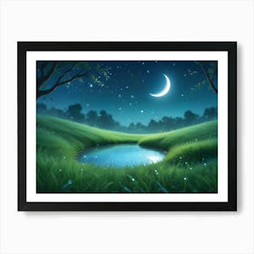 A Serene, Night Scene Featuring A Moonlit Pond Surrounded By Trees In A Field Art Print