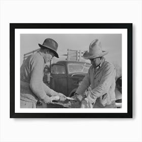 Mexican Labor Contractor And Worker Cutting Straw Ties Into Proper Length, Near Santa Maria, Texas By Russell Lee Art Print