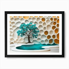 Abstract Elements Surround a Turquoise Tree at the Center of This Oak Wood and White Art Print