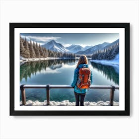 Woman trekking at snowy winter Alps, Rocky Mountains 5 Art Print