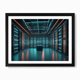 An Empty Server Room With Rows Of Servers Illuminated By Blue And Orange Neon Lights Art Print