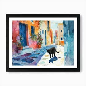 Santorini, Greece   Cat In Street Art Watercolour Painting 4 Art Print