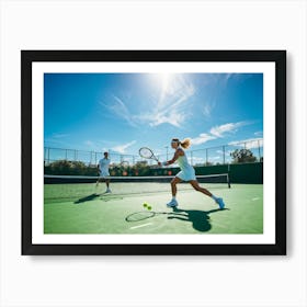 Tennis Match Showcasing An Active Lifestyle Bathed In The Golden Glow Of The Sun Action Packed Mome Art Print