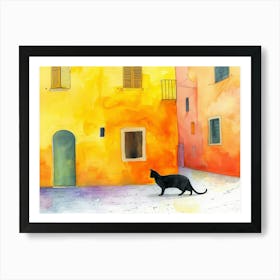 Black Cat In Reggio Emilia, Italy, Street Art Watercolour Painting 2 Art Print