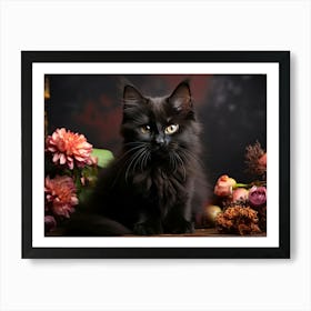 Black Cat With Flowers Art Print