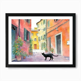 Black Cat In Modena, Italy, Street Art Watercolour Painting 3 Art Print