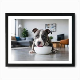 Pit bull Dog Eating From A Bowl Art Print