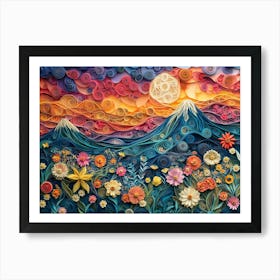 Paper Quilling Landscape and Spring Flowers Art Print