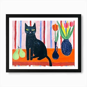 Black Cat With Tulips 7 Art Print