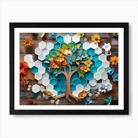 Vibrant With a Whimsical Tree, White Lattice Tiles and Colorful Hexagons Art Print