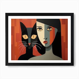 Portrait Of A Woman And Cat Art Print