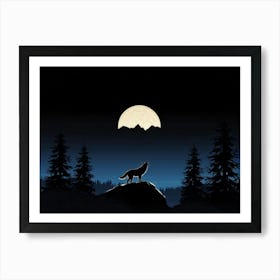 Illustration Of A Lone Wolf Howling Under A Full Moon In The Wilderness Of Wyoming Its Silhouette A (3) Art Print