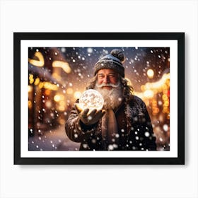 A Snowy Holiday Evening Time Scene Featuring A Man Holding A Luminous Orb That Glimmers With Encapsu 2 1 Póster