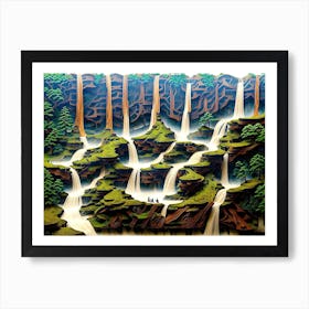 Woodcut A Tranquil Zen Wood Carving Of A Landscaping Cascading 1 Art Print