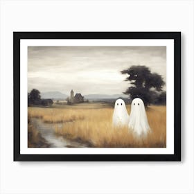 Cute Bedsheet Ghosts, Countryside Vintage Style, Halloween Spooky 2 Art Print