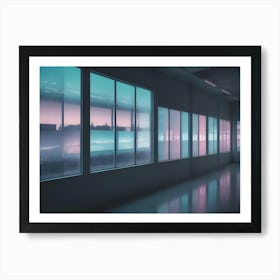 A Modern Office Hallway With Large Windows That Showcase A Colorful City Skyline At Dusk, With A Soft, Pink And Blue Glow, Creating A Tranquil And Serene Atmosphere Art Print