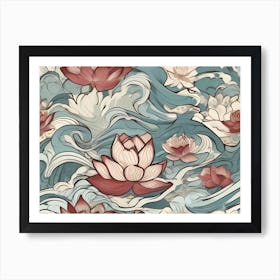 Lotus Flowers In Water Waves -Abstract Color Painting Art Print