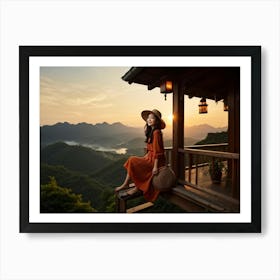 A Youthful Asian Woman Embodying Freedom Pleasure And Success Embarks On An Extreme Adventure P (1) Art Print