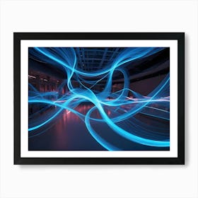 Abstract Streaks Of Blue And Pink Light, Resembling Energy Or Sound Waves, Flow Through A Modern Architectural Space Art Print