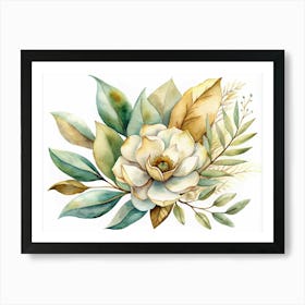 Watercolor Painting Of A White Magnolia Flower With Leaves Art Print