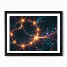 Abstract Fractal Design With Glowing, Feathery Shapes Forming A Circular Pattern, In Shades Of Orange, Blue, And Purple On A Dark Background Art Print