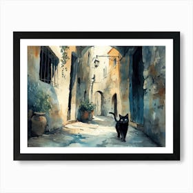 Black Cat In Foggia, Italy, Street Art Watercolour Painting 3 Art Print