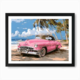 Pink Car On The Beach Art Print