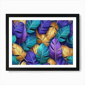 Tropical Colourful Leaves In Blue Green Gold Purple Hand Painted 3d Illustration Floral Seamless Pattern 1 Art Print