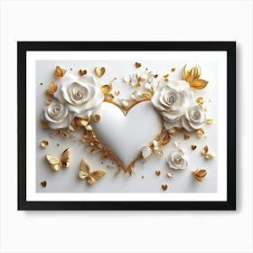 3d White Background and Gold Roses with Butterflies and Heart Shape Art Print