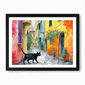 Black Cat In Sassari, Italy, Street Art Watercolour Painting 3 Art Print
