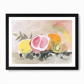 Watercolor Painting Of Fruits hand painted peach lemon grapefruit kiwi kitchen art horizontal food art Art Print