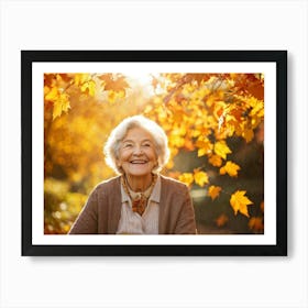 Elderly Woman Radiating Joy Amidst Crisp Autumn Leaves Close Up Orange Yellow Foliage Surrounding (7) Art Print