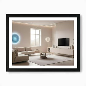 A Living Room Interior With A Beige Wall, A Beige Sofa, A Tv, And A Large Plant Art Print