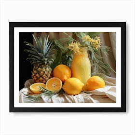 Still life with fruits, lemon, pineapple, and flowers. Tropical fruit. Art Print