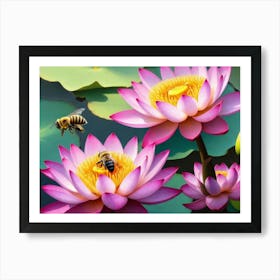 Lotus Flower With Bees Art Print