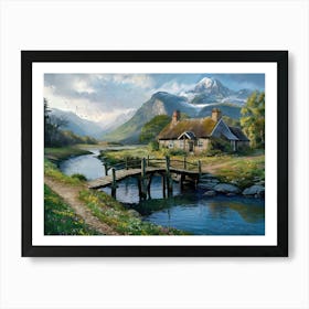 River Mountain with Cottage and Alps View #5 Art Print