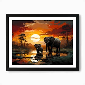 Sacred Bond Illustration Of Maternal Connection Of The Mother Elephant And Her Calf Art Print