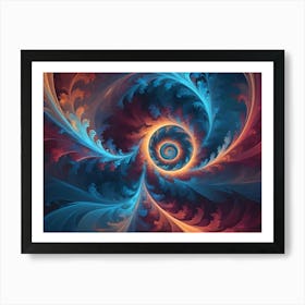 Abstract Fractal Image With A Central Spiral Surrounded By Swirling, Feathery Patterns In Shades Of Blue, Orange, And Red Art Print