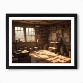 A Detailed Illustration Of A Cluttered, Rustic Room With Wooden Furniture, Books, And Papers, Lit By Sunlight Streaming Through The Window Art Print