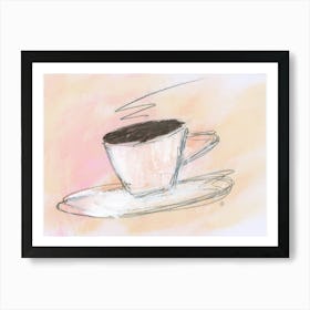 White Cup Of Coffe On Peach And Pink - beige kitchen cafe light hand drawn Art Print