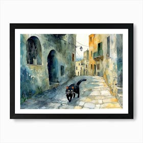 Black Cat In Matera, Italy, Street Art Watercolour Painting 2 Art Print