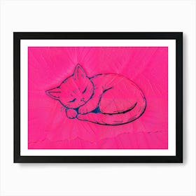 Cat Sleeping On A Pink Leaf Art Print