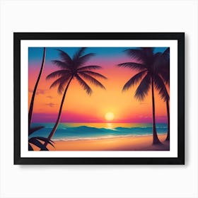 A Tranquil Beach At Sunset Horizontal Illustration 22 Art Print