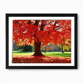 An Autumn Oak Tree Abundantly Lit Branches Spreading Widely Spanning A Slim Sleek Card Leaves Bla (5) Art Print