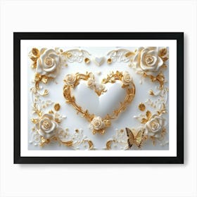 3d Art With White Background And Gold Roses, Butterflies, Heart Shape Art Print