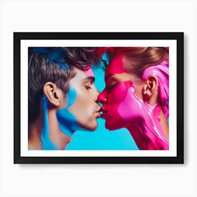 Two People Kissing On Blue Background with Painted Faces Art Print