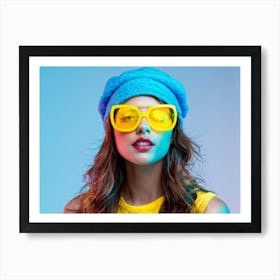 Girl With Blue Face Cap Donning Yellow Sunglasses Styled In A Modern And Youthful Fashion For A He Art Print